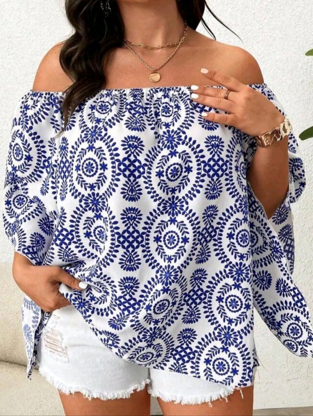 Off-Shoulder Blue & White Printed Top - Women's Boho Blouse - Picture 2 of 4